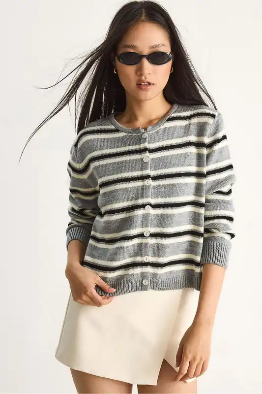 Striped Crew Neck Cardigan - Bianco Lucci