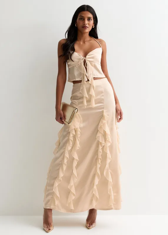 Champagne Satin Ruffle Maxi Skirt - Gini London