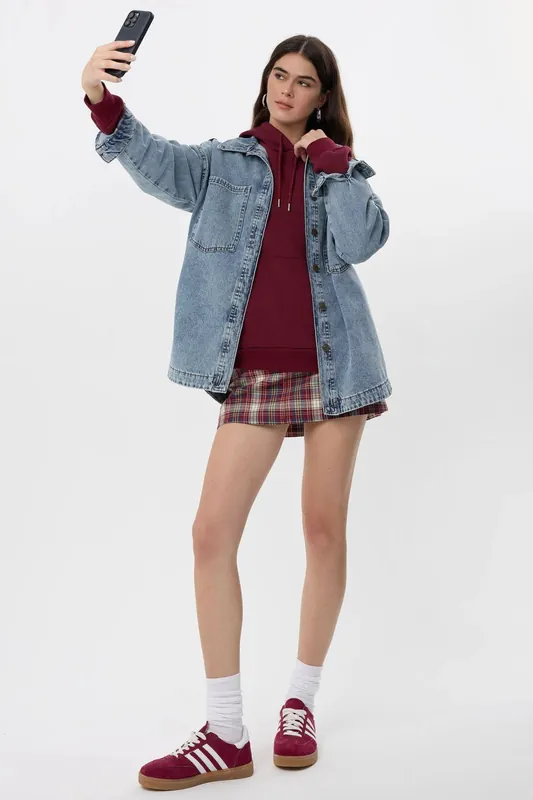 Oversized Washed Denim Coat with Patch Pockets - Hiccup