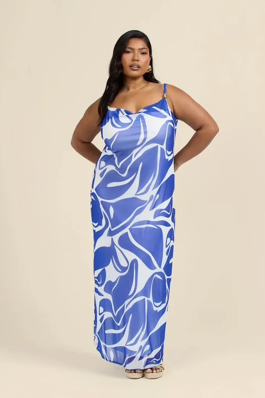 Curve Abstract Print Gold Trim Cowl Neck Maxi Dress - FASHION-SZN