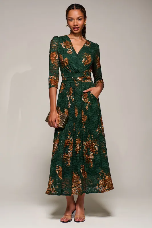 Three Quarter Sleeve Printed Lace Maxi Dress - Jolie Moi