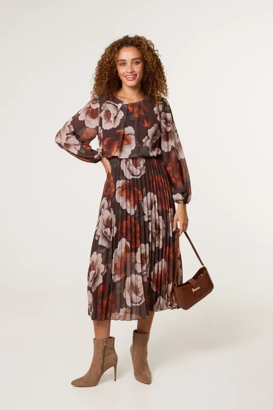 Brown Large Watercolour Floral Scoop Neck Puffball Pleated Dress - Blue Vanilla