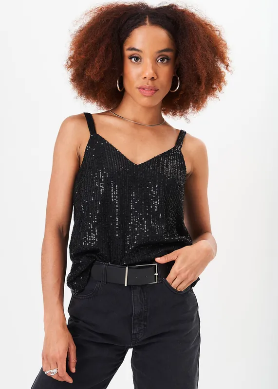 Black Sequin V Neck Cami Top - Gini London
