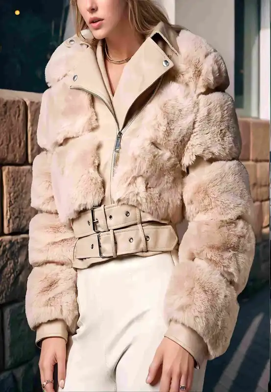 Beige Faux Fur Faux Leather Jacket - Divine Grace