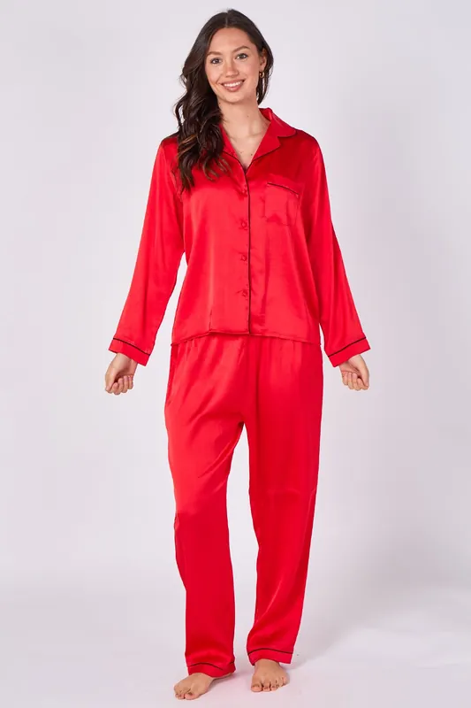 Red Long sleeve satin Pj set with pockets - ELAINA FASHION
