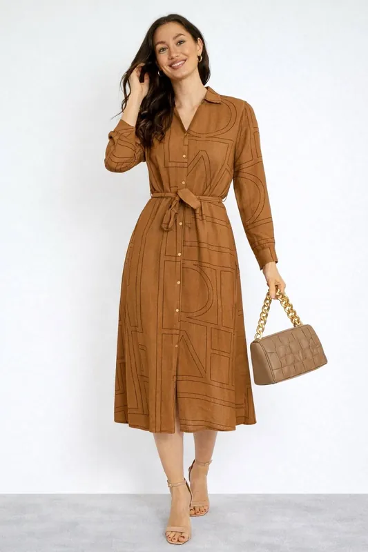 Tan Modern Line Print Belted Shirt Dress - Love Sunshine