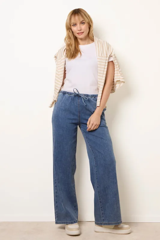 Blue Draw String Wide Leg Denim Trousers - Blue Vanilla