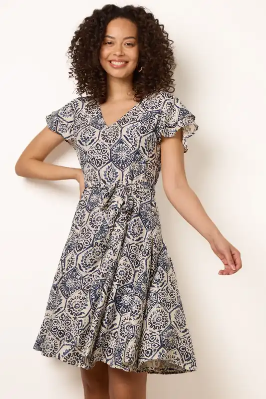Navy V Neck Godet Dress - Blue Vanilla
