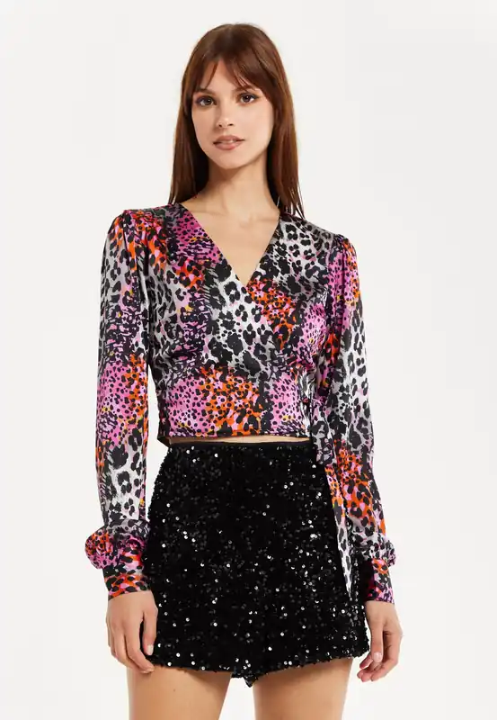 Multicolour Animal Print Wrap Top - Liquorish