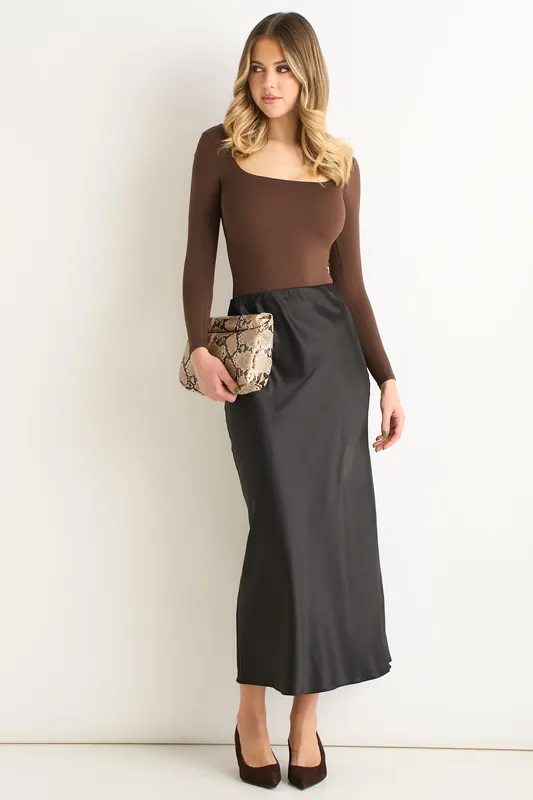 Black Satin Bias Cut Midi Skirt - Gini London