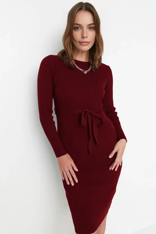 Ribbed Knit Midi Dress with Waist Tie - WOVCOR