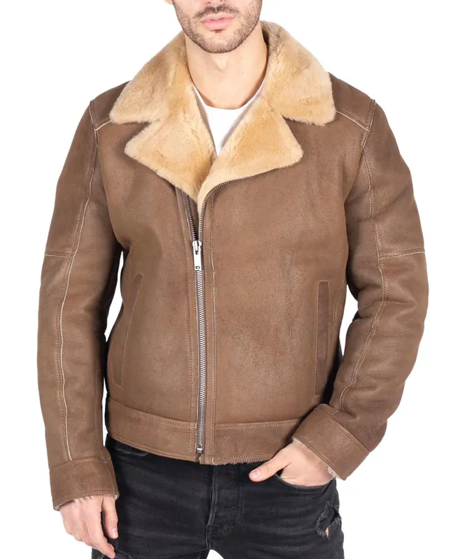 Sheepskin Cross Zip Aviator Cream Jacket With Fur - TruClothing