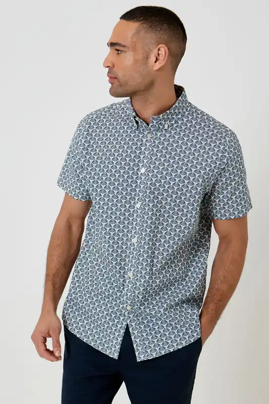 Linear Leaf Print Cotton Short Sleeve Shirt - Threadbare
