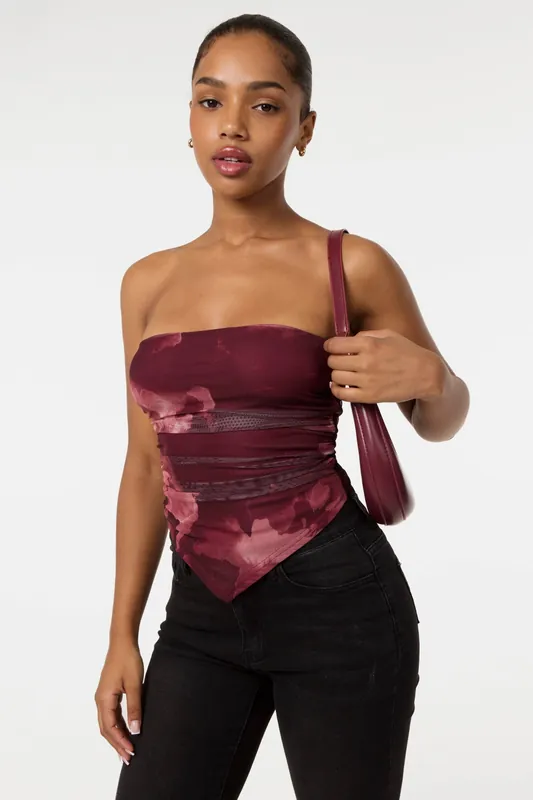 Wine Smoke Print Ruched Bandeau Top - Pink Vanilla