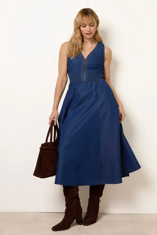 Blue Zip Front Denim Dress - Blue Vanilla