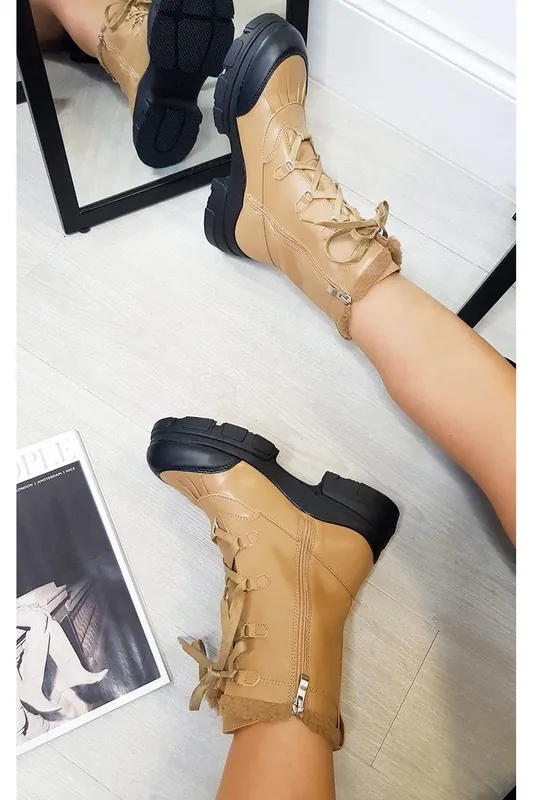 Linda Lace Up Faux Leather Chunky Boots - IKRUSH