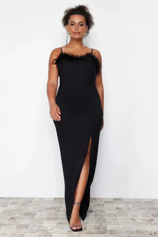 Strappy Feather Trim Split Maxi Evening Dress - WOVCOR