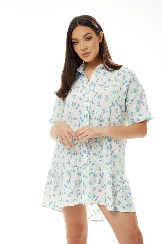 Blue Floral Mini Shirt Dress in White - Liquorish