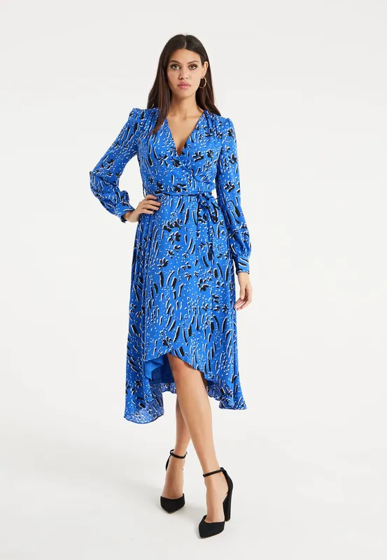 Painterly Floral Print Midi Dress In Blue - Liquorish
