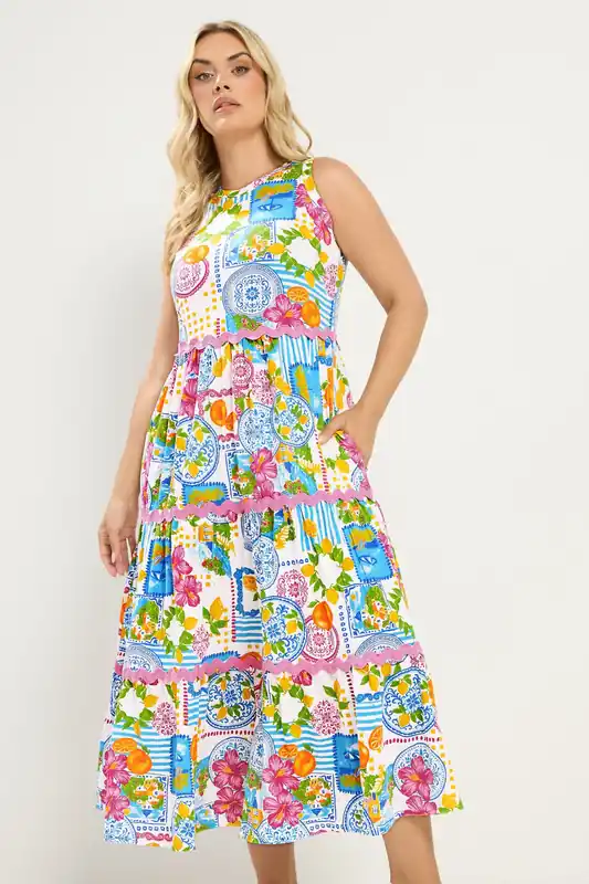 Mediterranean' Print Tiered Maxi Dress - Yours