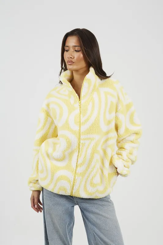 Graphic Heart Print Zip Through Sherpa Fleece - Brave Soul
