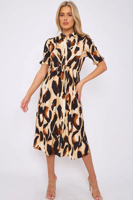 Brown Leopard Print Short Sleeve Knot Waist Midi Dress - Love Sunshine