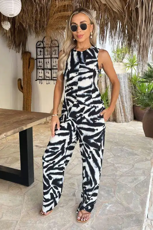 Black And White Animal Print Wide Leg Trousers - AX Paris