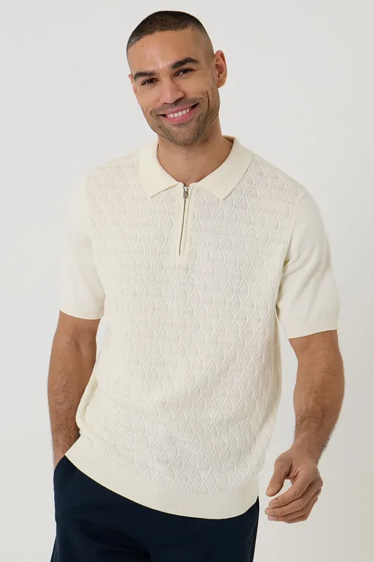 Diamond Cable Knit Quarter Zip Polo - Threadbare