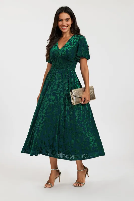 Velvet Burnout V-Neck Angel Sleeve Midi Dress