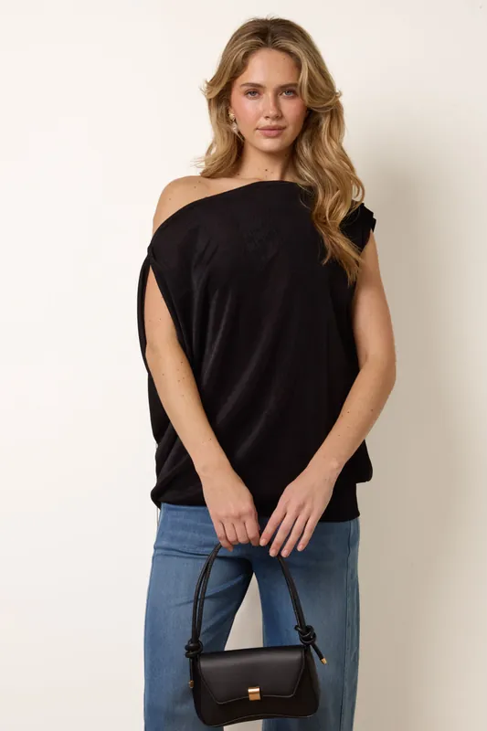 Black Deep Band Slinky Oversize Tunic Top - Blue Vanilla