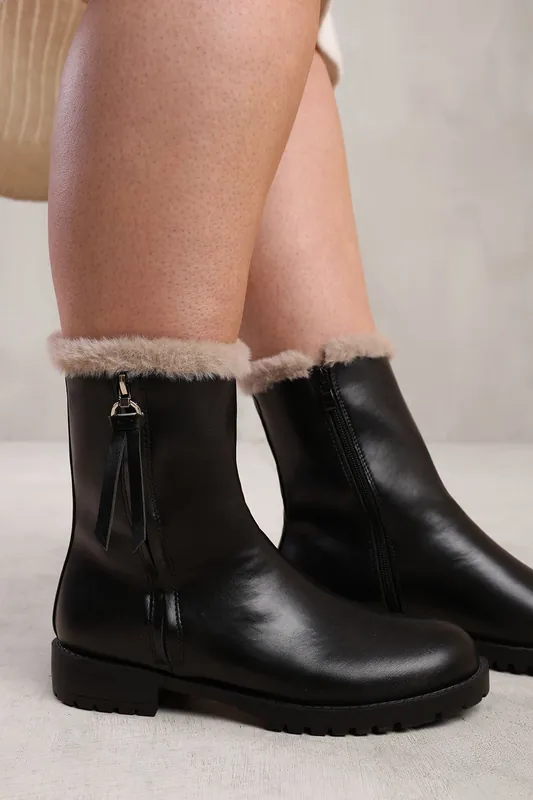 Ice' Wide Fit Mid Calf Boot With Fur Trim - Where's That From