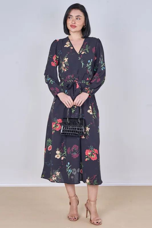 Black Floral Print Belted Crossover Midi Dress - Love Sunshine