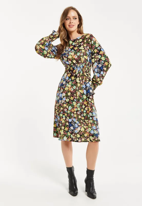 Floral Print Midi Dress With Smock Waist - Liquorish