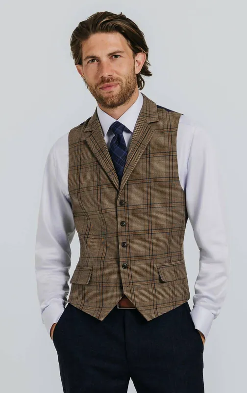 Brown Bold Check Waistcoat - Dobell