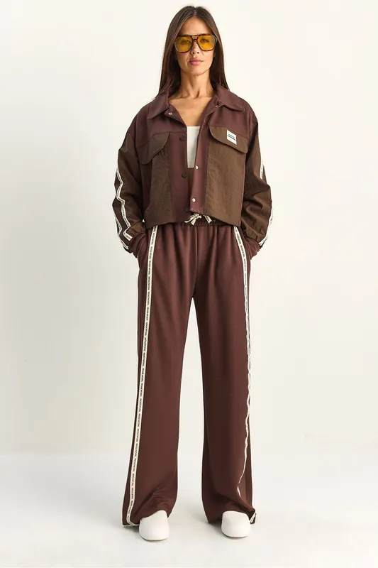 Striped Shirt Collar Jacket and Wide-Leg Pants Set