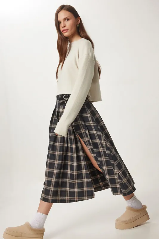 Belt Detailed High Waist Long Plaid Skirt - Happiness Istanbul