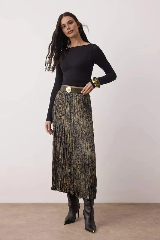 Animal Print Pleated Midi Skirt with Belt Detail - WOVCOR