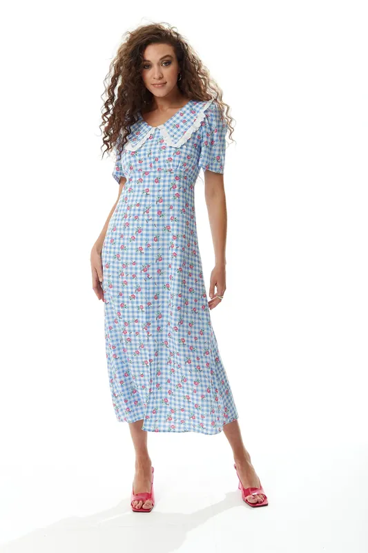 Gingham and Floral Midi Dress in Blue and White with Trim Lace Collar - Liquorish