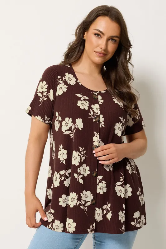 Floral Button Front Ribbed Swing Top - Yours