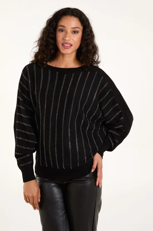 Striped Diamante Batwing Jumper - Blue Vanilla