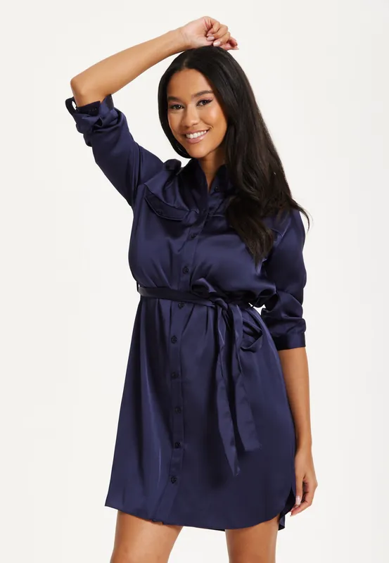 Navy Belted Shirt Mini Dress - Liquorish