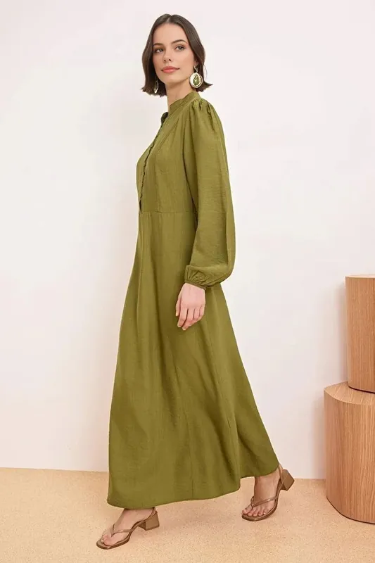 Button Front Maxi Dress with Grandad Collar Detail - WOVCOR
