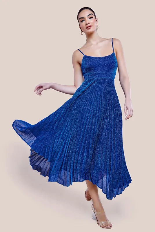 Tie Back Pleated Lurex Skater Midi Dress - Goddiva