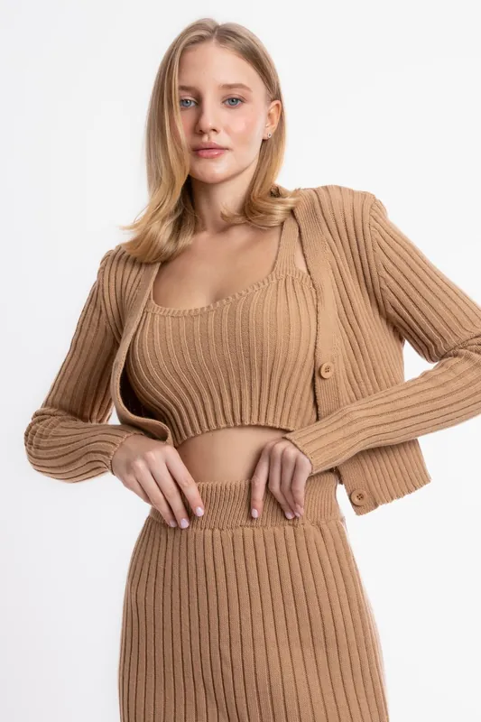 Knitted Ribbed Cardigan, Tank Top & High Waist Maxi Skirt Set - Hiccup