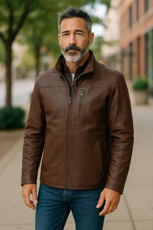 Warm Mid-Length Leather Biker Coat - Colac
