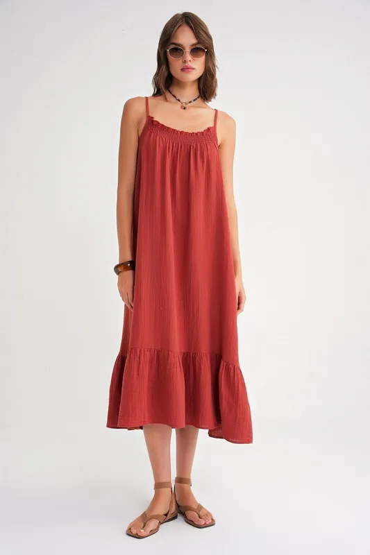 Midi Muslin Dress with Ruffle Detail - MixRay