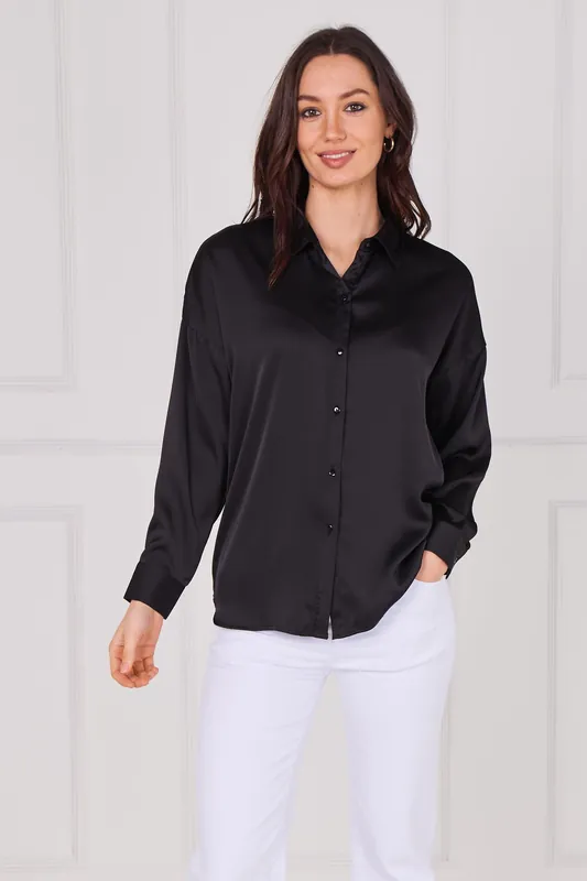 Black Brushed Satin Oversized Shirt - Love Sunshine