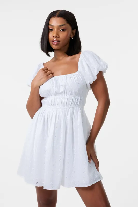 Ivory Broderie Puff Sleeve Mini Dress With Shorts - Pink Vanilla