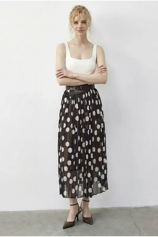 High Waist Polka Dot Maxi Skirt with Belt - Bianco Lucci