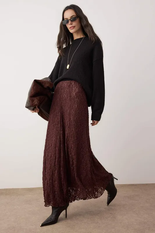 Lined Lace Knit Midi Skirt - WOVCOR